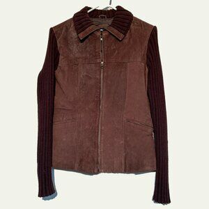 Suede Jacket with knit sleeves, milk chocolate brown, 100% real suede